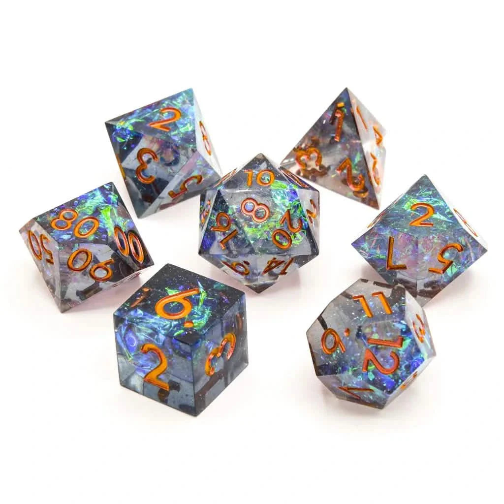 Cosmic Veil | Sharp Edge Dice | Resin | 7 Piece Set
