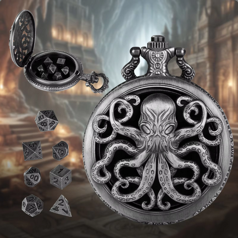 Cthulhu's Grasp | Pocket Watch Dice Case | Mini Dice | Ancient Silver