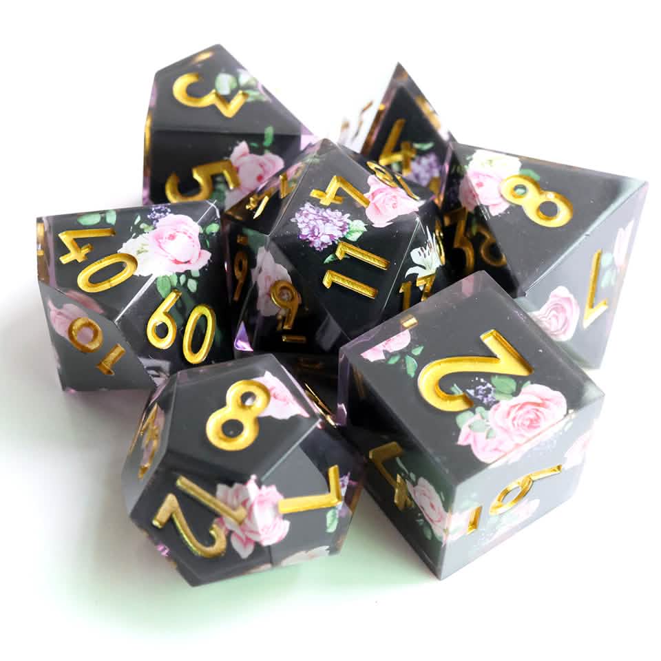 Floral Tsundere | Sharp Edge Dice | Resin | 7 Piece Set