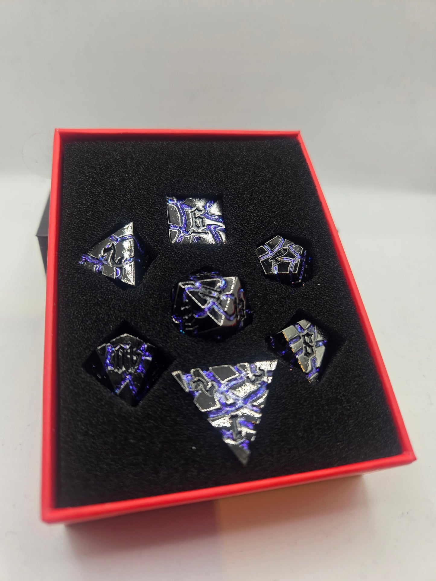 Metal 7 Piece Polyhedral Dice Arcane Steel | Cracked Metal | Antique Silver & Purple Mica | 7 Piece Set