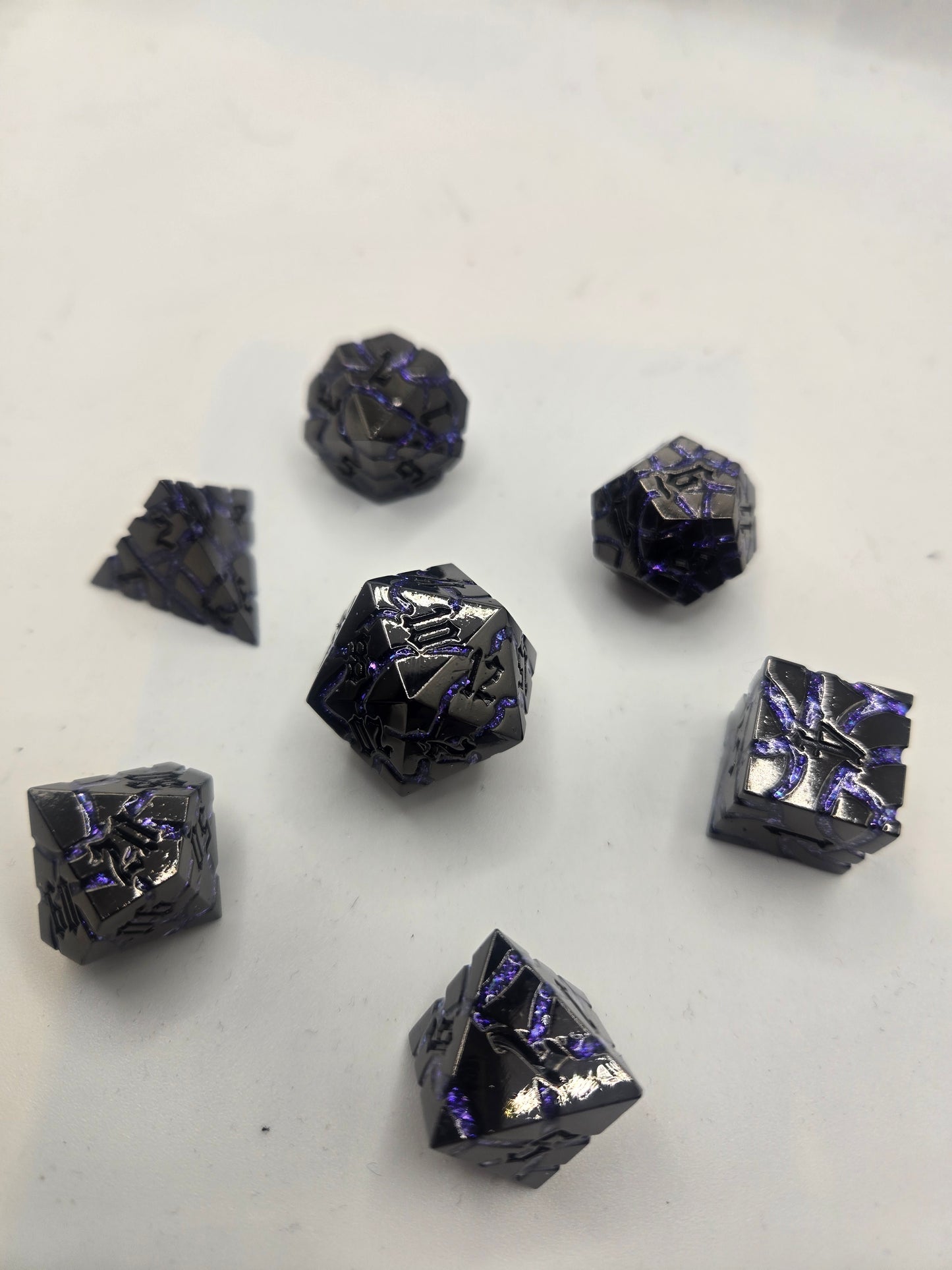 Metal 7 Piece Polyhedral Dice Arcane Steel | Cracked Metal | Antique Silver & Purple Mica | 7 Piece Set