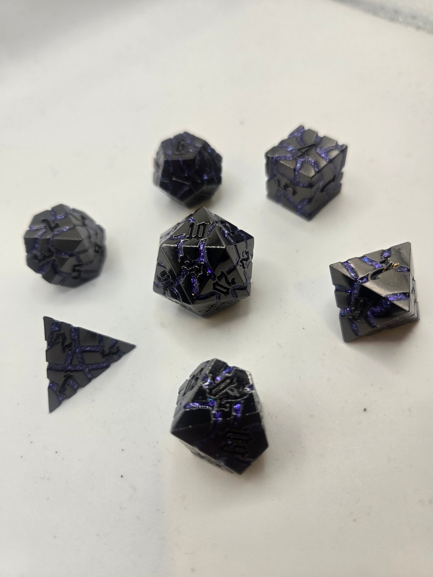 Metal 7 Piece Polyhedral Dice Arcane Steel | Cracked Metal | Antique Silver & Purple Mica | 7 Piece Set