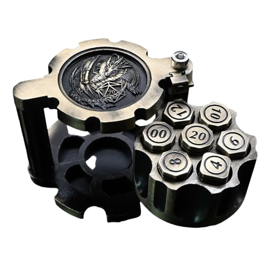 Hexchamber | Ancient Brass | Bullet Dice Set with Spinning Revolver Case