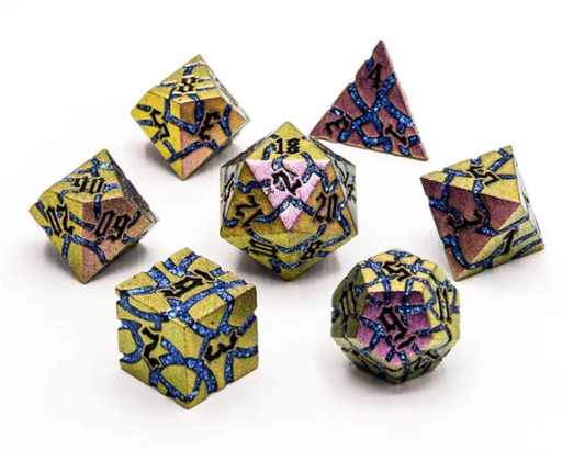 Metal 7 Piece Polyhedral Dice Mystic Steel | Cracked Metal | Colour Shifting | 7 Piece Set