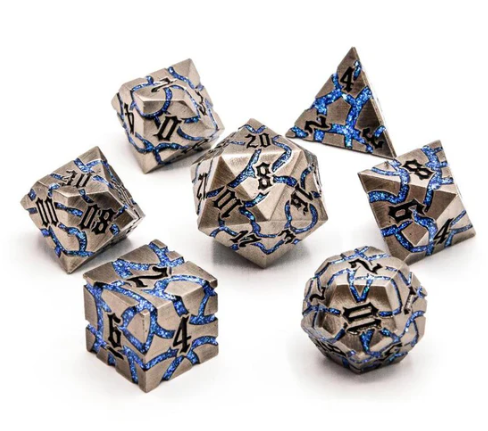 Metal 7 Piece Polyhedral Dice Frostmourne Steel | Cracked Metal | Antique Silver | Blue Mica | 7 Piece Set