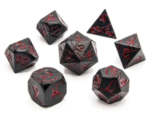 Metal 7 Piece Polyhedral Dice Bloodstone | Black Cracked Metal Dice | Blood Red | 7 Piece Set