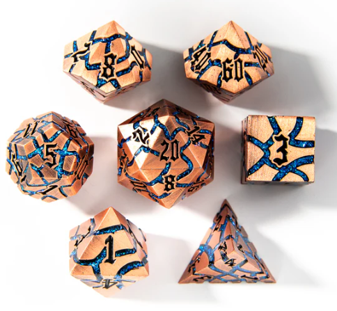 Metal 7 Piece Polyhedral Dice Artificer | Cracked Metal | Antique Copper & Blue Mica | 7 Piece Set