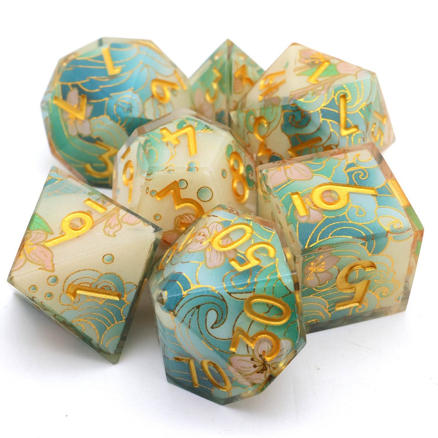 Emerald Tide | Sharp Edge Dice | Resin | 7 Piece Set