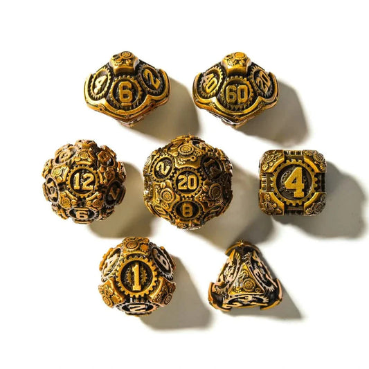 Gilded Machinations | Solid Metal Dice | 7 Piece Set