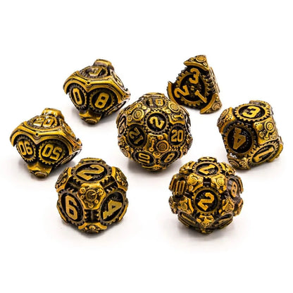 Gilded Machinations | Solid Metal Dice | 7 Piece Set
