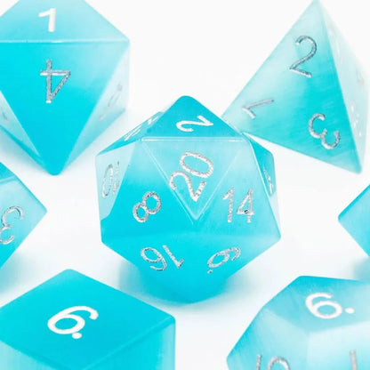 Pale Blue Cats Eye | Gemstone Dice | 7 Piece Set