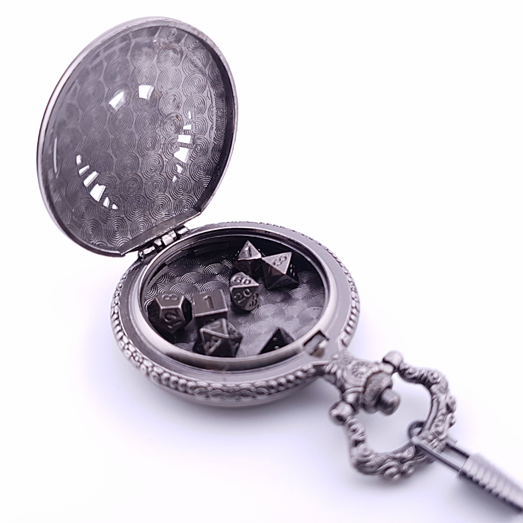 Celestial Champion | Pocket Watch Dice Case | Mini Dice | Ancient Silver