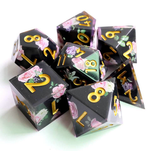 Floral Tsundere | Sharp Edge Dice | Resin | 7 Piece Set